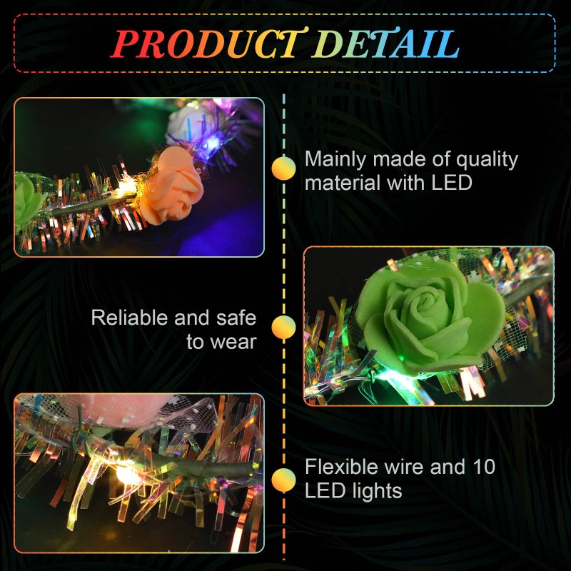 Yunsailing 64 Pcs Mardi Gras Light up Flower Crown LED Glow Party Headband Girl Headpiece Glowing Floral Headdress(Elegant) - Image 3
